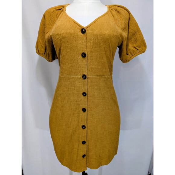Madewell Texture & Thread Puff Sleeve Button Front Mini Dress Mustard Size S - Picture 1 of 8